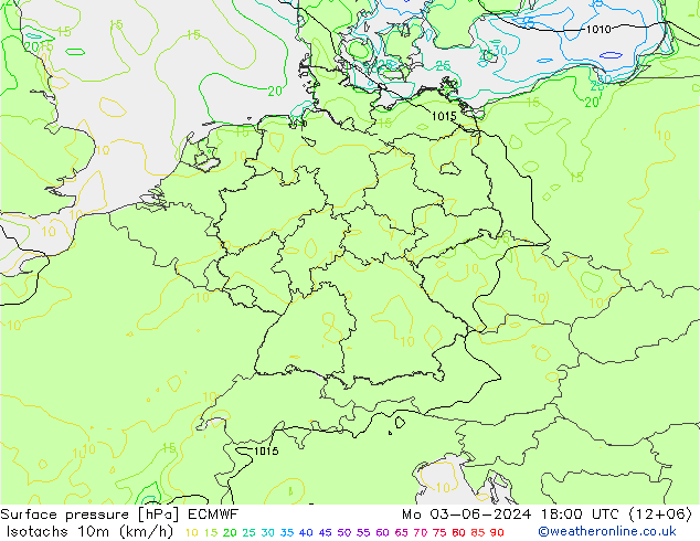 Isotachen (km/h) ECMWF Mo 03.06.2024 18 UTC