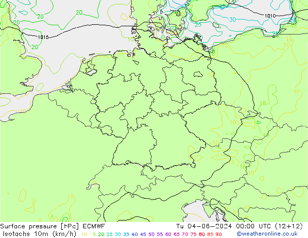 Isotachs (kph) ECMWF Tu 04.06.2024 00 UTC