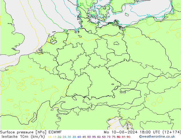 Isotachs (kph) ECMWF Mo 10.06.2024 18 UTC