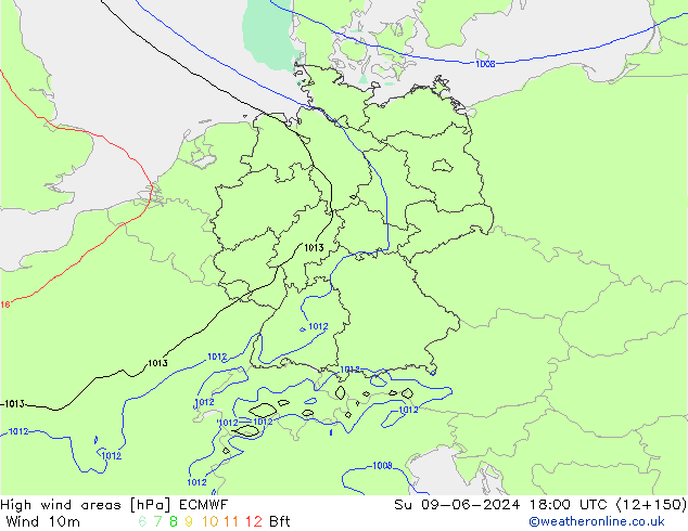 High wind areas ECMWF dom 09.06.2024 18 UTC