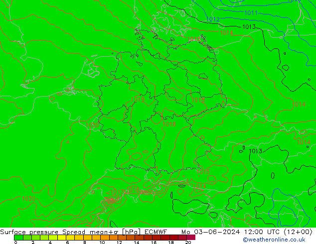 Surface pressure Spread ECMWF Mo 03.06.2024 12 UTC