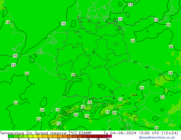 température 2m Spread ECMWF mar 04.06.2024 12 UTC