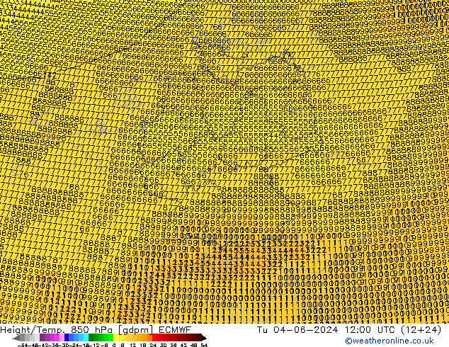 Height/Temp. 850 hPa ECMWF Di 04.06.2024 12 UTC