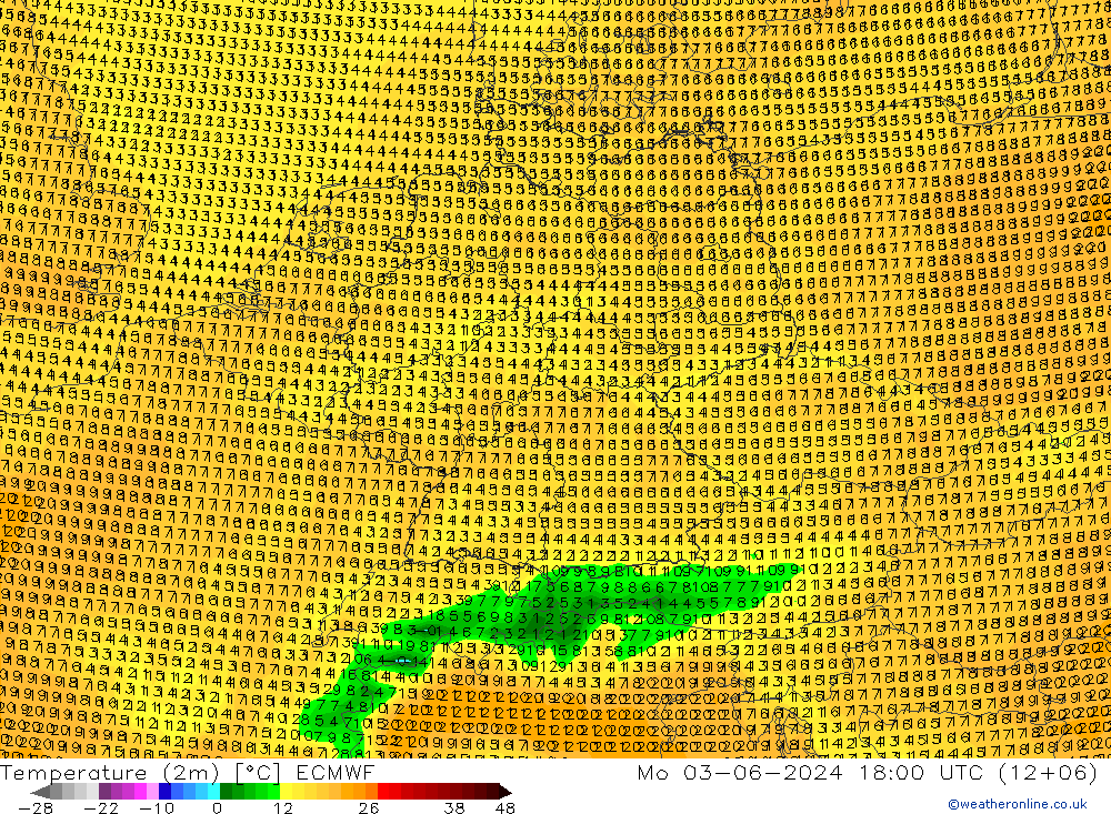 Temperature (2m) ECMWF Mo 03.06.2024 18 UTC