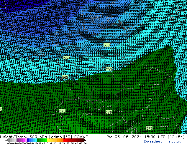 Height/Temp. 500 hPa ECMWF śro. 05.06.2024 18 UTC