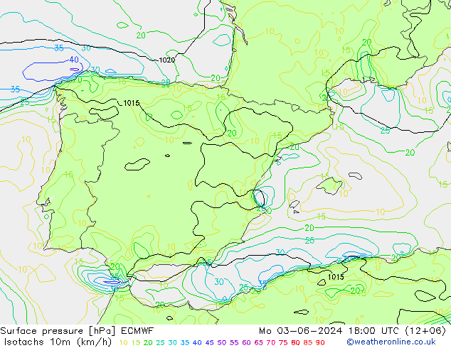 Isotaca (kph) ECMWF lun 03.06.2024 18 UTC