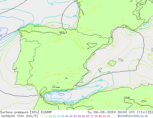 Isotachen (km/h) ECMWF zo 09.06.2024 00 UTC