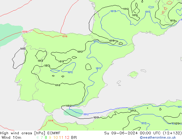 High wind areas ECMWF Вс 09.06.2024 00 UTC