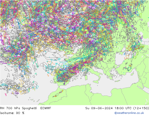 RH 700 hPa Spaghetti ECMWF Su 09.06.2024 18 UTC