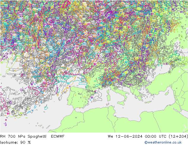 RH 700 hPa Spaghetti ECMWF Mi 12.06.2024 00 UTC