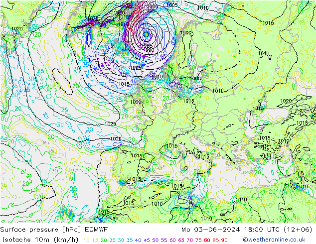 Isotachs (kph) ECMWF lun 03.06.2024 18 UTC