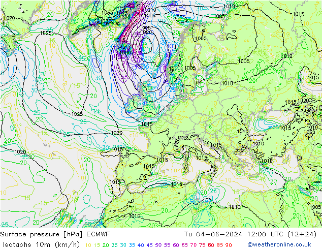 Isotachs (kph) ECMWF Tu 04.06.2024 12 UTC