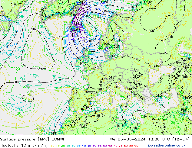 Eşrüzgar Hızları (km/sa) ECMWF Çar 05.06.2024 18 UTC