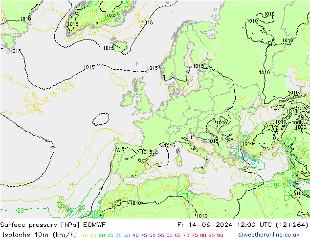 Isotachs (kph) ECMWF Fr 14.06.2024 12 UTC