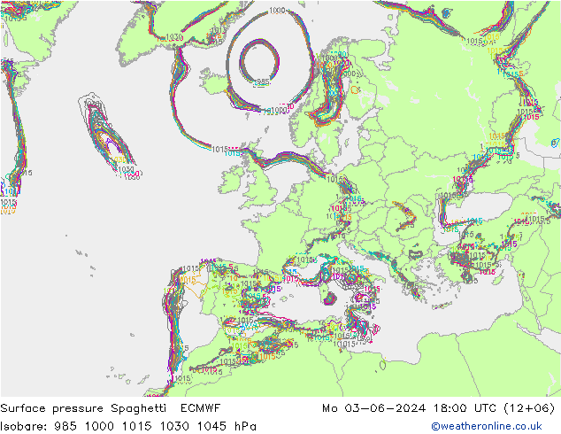 Pressione al suolo Spaghetti ECMWF lun 03.06.2024 18 UTC