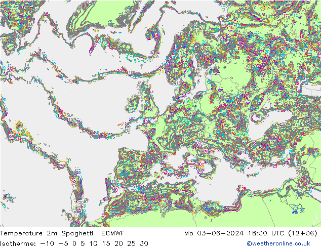 Temperatura 2m Spaghetti ECMWF lun 03.06.2024 18 UTC