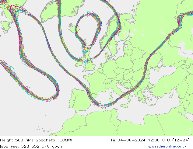 Height 500 hPa Spaghetti ECMWF Tu 04.06.2024 12 UTC