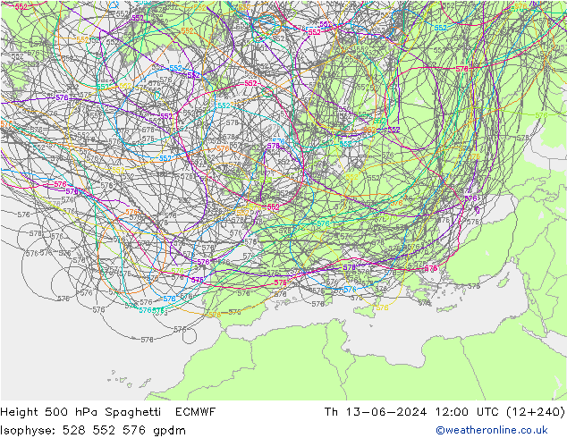 Height 500 гПа Spaghetti ECMWF чт 13.06.2024 12 UTC