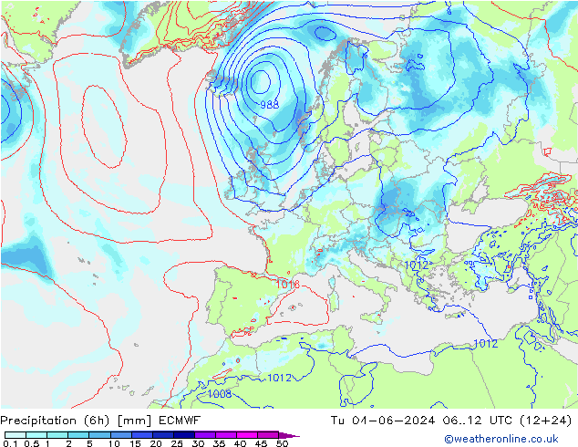 Precipitation (6h) ECMWF Tu 04.06.2024 12 UTC