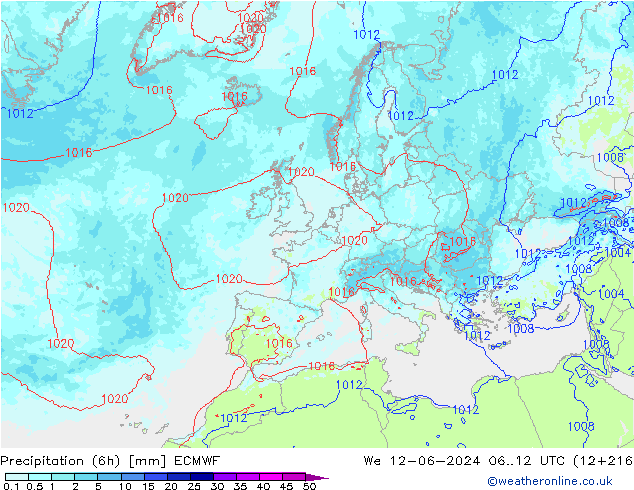 Precipitation (6h) ECMWF We 12.06.2024 12 UTC