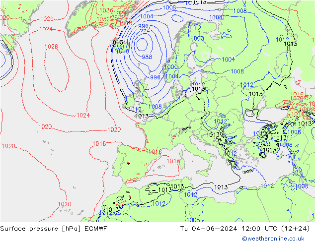 Surface pressure ECMWF Tu 04.06.2024 12 UTC