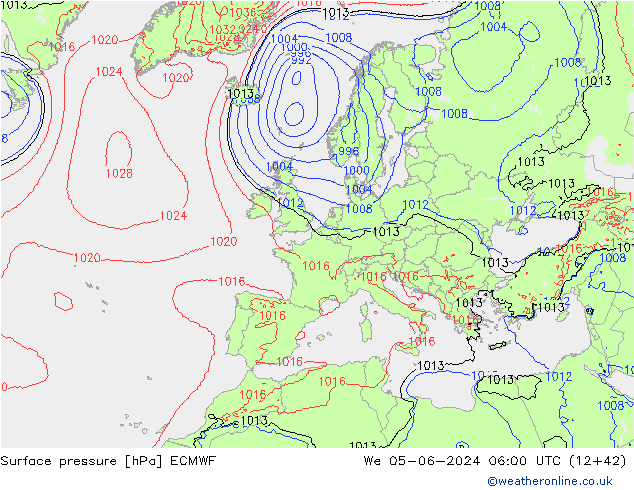 Pressione al suolo ECMWF mer 05.06.2024 06 UTC