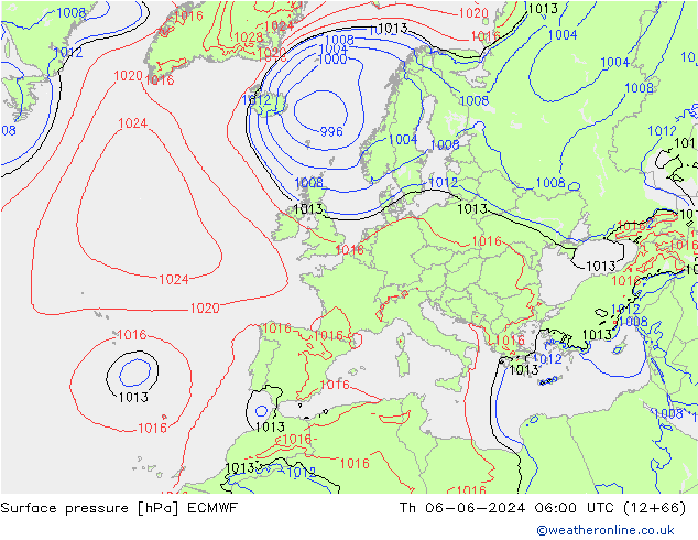 Presión superficial ECMWF jue 06.06.2024 06 UTC