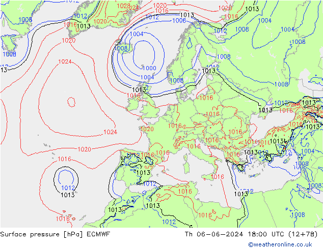 Presión superficial ECMWF jue 06.06.2024 18 UTC