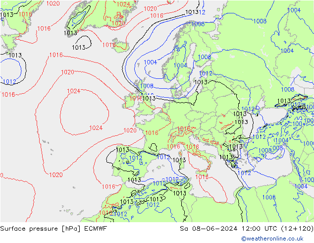 Presión superficial ECMWF sáb 08.06.2024 12 UTC