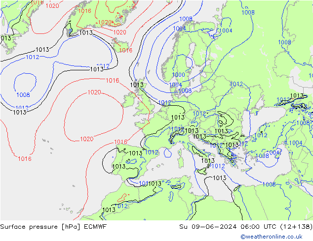 Atmosférický tlak ECMWF Ne 09.06.2024 06 UTC