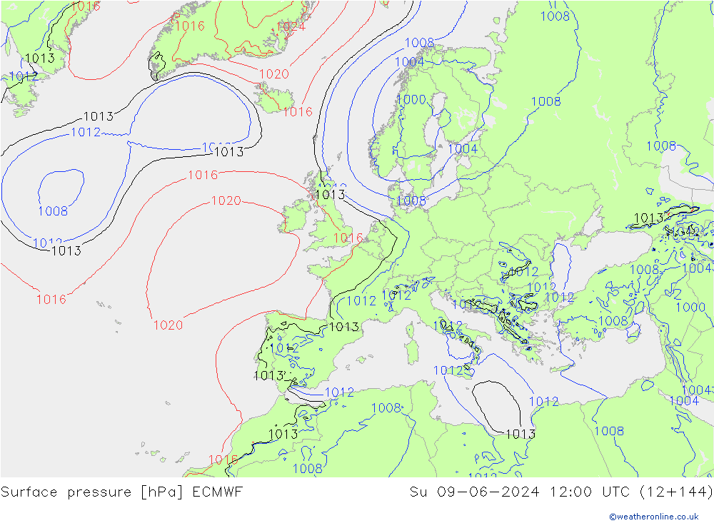 Atmosférický tlak ECMWF Ne 09.06.2024 12 UTC