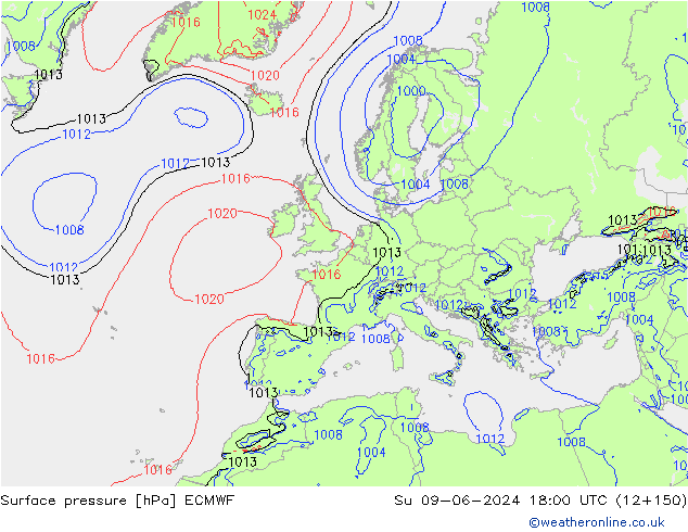 Atmosférický tlak ECMWF Ne 09.06.2024 18 UTC