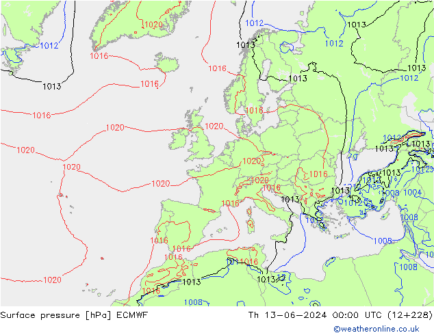 Surface pressure ECMWF Th 13.06.2024 00 UTC