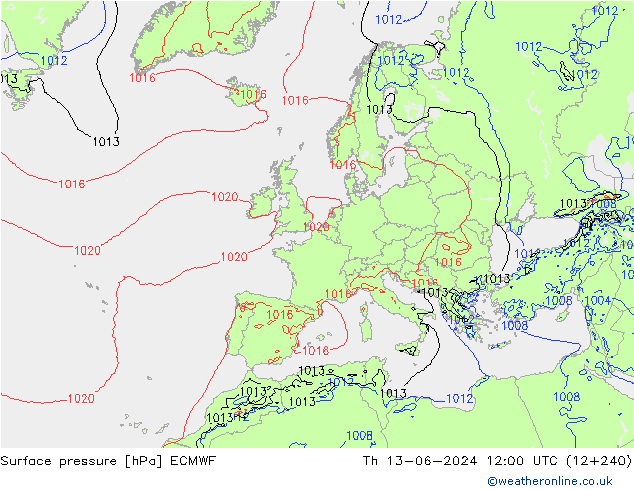 Surface pressure ECMWF Th 13.06.2024 12 UTC