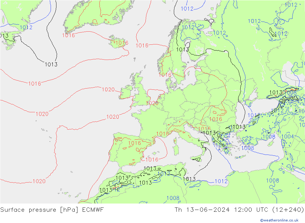 Surface pressure ECMWF Th 13.06.2024 12 UTC