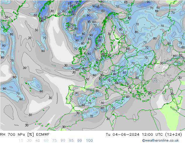 RH 700 hPa ECMWF Tu 04.06.2024 12 UTC