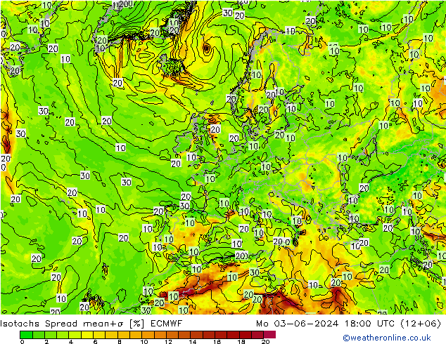 Isotachs Spread ECMWF Mo 03.06.2024 18 UTC