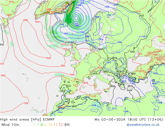 High wind areas ECMWF lun 03.06.2024 18 UTC