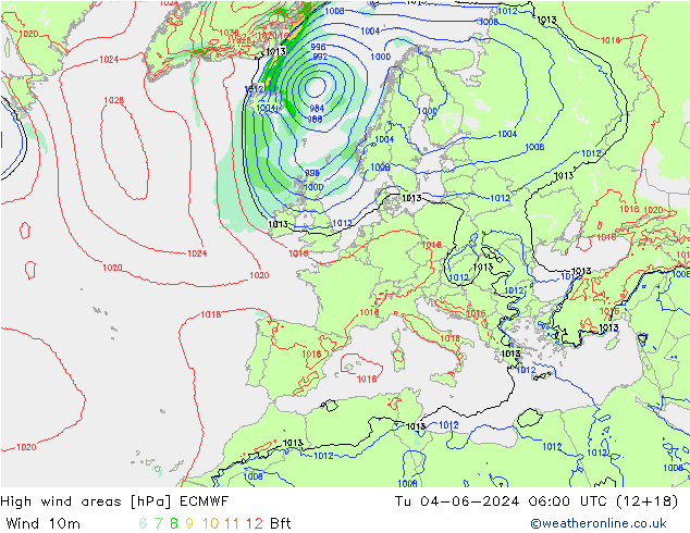 yüksek rüzgarlı alanlar ECMWF Sa 04.06.2024 06 UTC