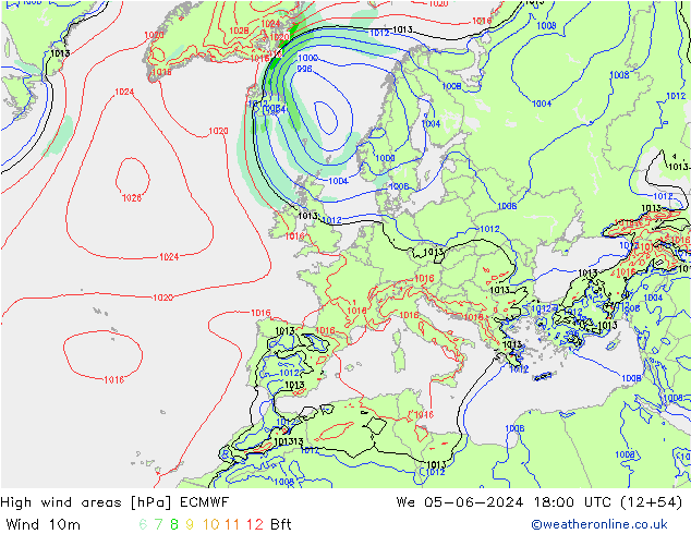 High wind areas ECMWF We 05.06.2024 18 UTC