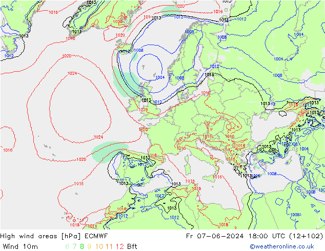 High wind areas ECMWF Fr 07.06.2024 18 UTC