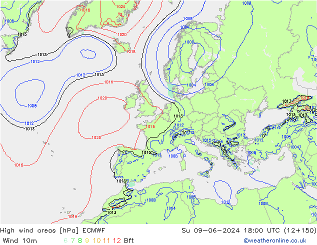 High wind areas ECMWF Su 09.06.2024 18 UTC