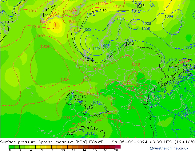 Surface pressure Spread ECMWF Sa 08.06.2024 00 UTC