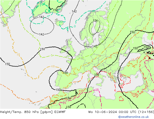 Height/Temp. 850 hPa ECMWF pon. 10.06.2024 00 UTC