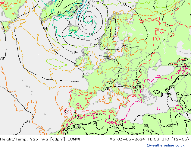 Height/Temp. 925 hPa ECMWF 星期一 03.06.2024 18 UTC