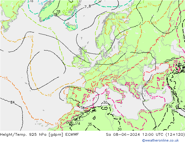 Height/Temp. 925 hPa ECMWF Sa 08.06.2024 12 UTC