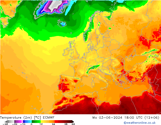 mapa temperatury (2m) ECMWF pon. 03.06.2024 18 UTC