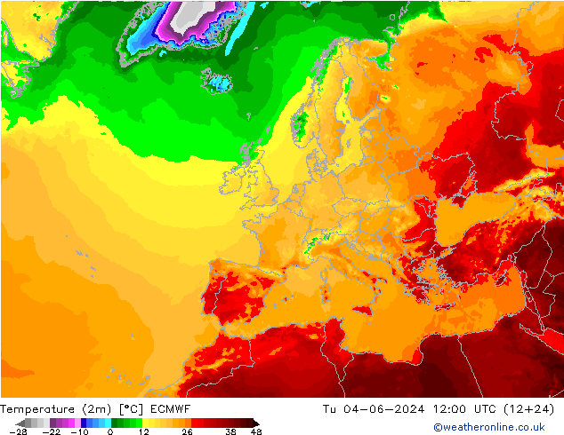 Temperaturkarte (2m) ECMWF Di 04.06.2024 12 UTC