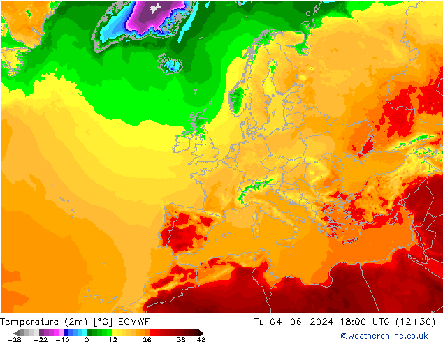 mapa temperatury (2m) ECMWF wto. 04.06.2024 18 UTC