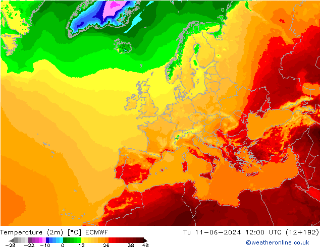 Temperatura (2m) ECMWF mar 11.06.2024 12 UTC